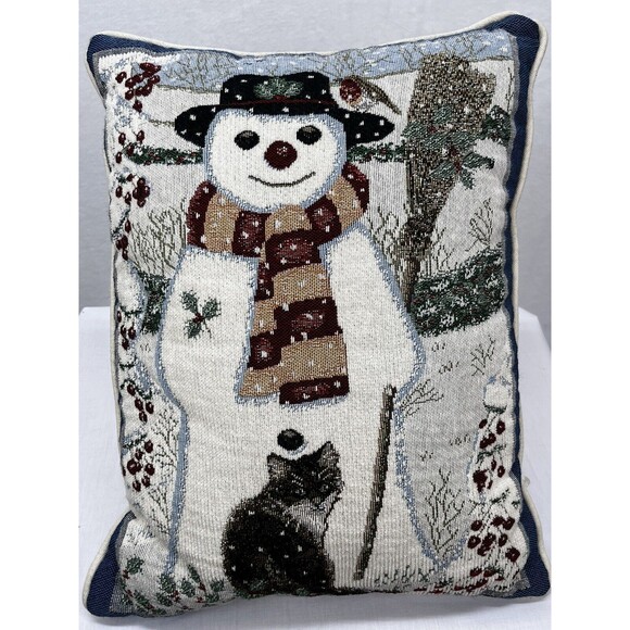 Anne Mortimer Winter Cat &  Snowman Tapestry Pillow 16 X 12 - Picture 7 of 8